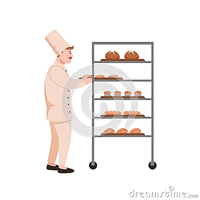 Smiling baker with bread flat vector illustration. Bread maker with bakery assortment isolated on white background Vector Illustration