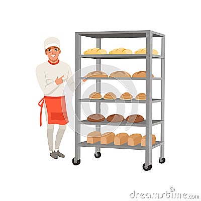 Smiling baker character standing near bread rack with freshly baked bread vector Illustration on a white background Vector Illustration