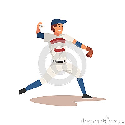 Smiling Baseball Player Throwing Ball, Softball Athlete Character in Uniform, Side View Vector Illustration Vector Illustration