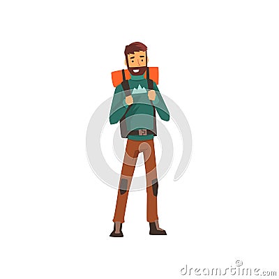 Smiling bearded man with backpack, outdoor adventures, travel, camping, backpacking trip or expedition vector Vector Illustration