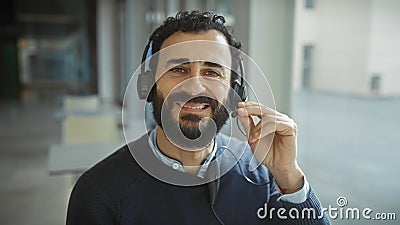 Smiling bearded man with headphones in modern office, exuding casual professionalism and approachability Stock Photo