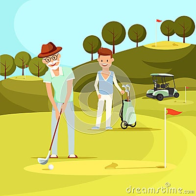 Smiling Senior Man Hitting Ball with Golf Club Vector Illustration