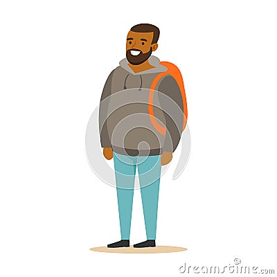 Smiling bearded young black man in a grey hoodie with backpack. Colorful cartoon character vector Illustration Vector Illustration