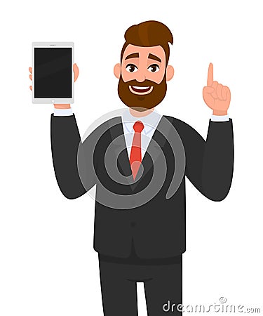 Smiling bearded young business man showing/holding blank screen of a new tablet computer display and pointing/gesturing hand. Vector Illustration