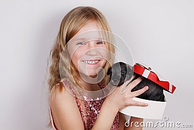 Smiling beautiful little girl getting puppy in gift box for Christmas or Birthday Stock Photo