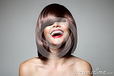 Smiling Beautiful Woman With Brown Short Hair. Stock Photo