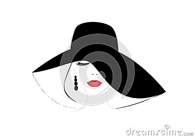 Smiling beautiful woman face with closed eyes and red lips in a wide brimmed hat, horizontal vector Vector Illustration