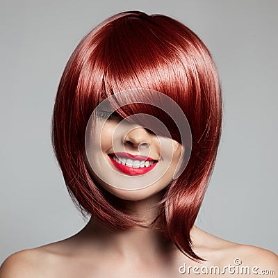 Smiling Beautiful Woman With Red Short Hair. Haircut. Hairstyle. Stock Photo