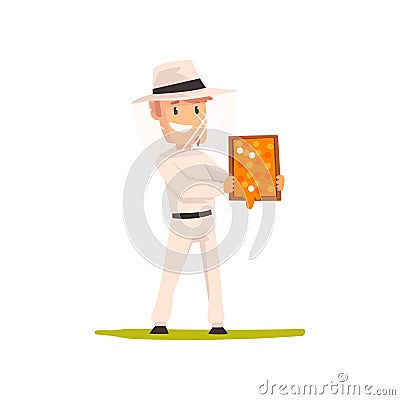 Smiling beekeeper man with a honeycomb frame in his hands, apiculture and beekeeping concept vector Illustration Vector Illustration