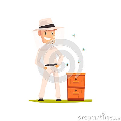 Smiling beekeeper man standing next to the hive, apiculture and beekeeping concept vector Illustration Vector Illustration