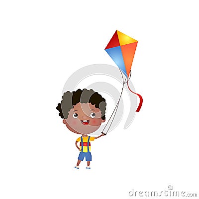 Smiling black boy with curly hair plays with kite isolated on white background Vector Illustration