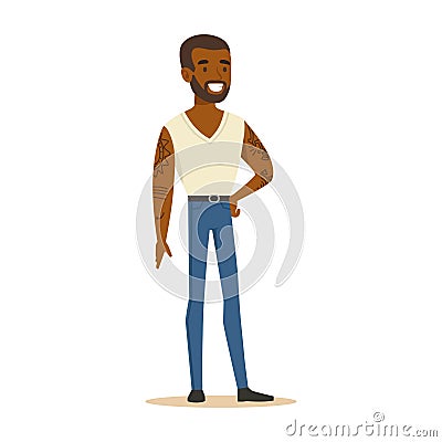 Smiling black man in a white sleeveless shirt with tattoos on his hands standing. Colorful cartoon character vector Vector Illustration