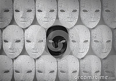 Smiling black mask among white masks, Hypocritical concept Stock Photo