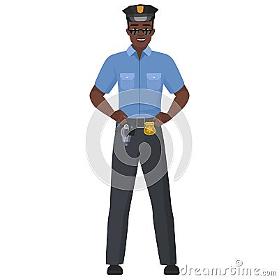 Smiling black policeman with hands on hips Vector Illustration