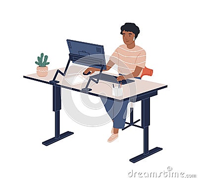 Smiling black skin female employee sitting at modern ergonomic workplace vector flat illustration. Joyful woman working Vector Illustration