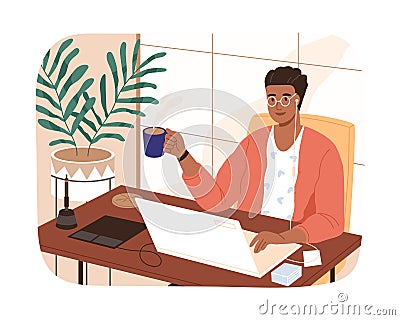 Smiling black skin freelancer male working remotely use laptop vector flat illustration. Modern designer man sitting at Vector Illustration