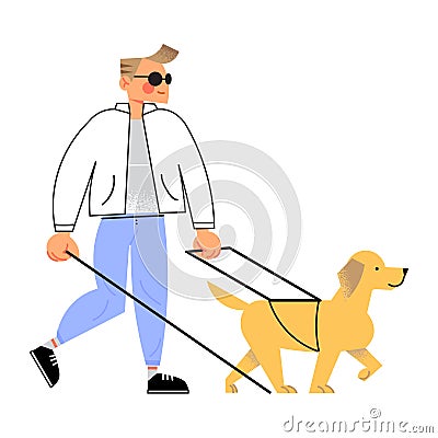 Smiling blind disabled young man walking dog vector illustration Vector Illustration