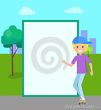 Smiling Blond Boy Ride on Skateboard at Skatepark Vector Illustration