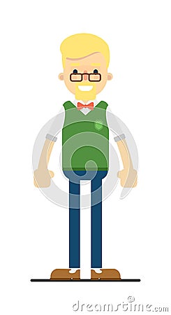 Smiling blond student character in flat design. Vector Illustration