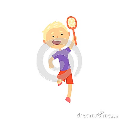 Smiling blonde boy playing tennis or badminton, kids physical activity cartoon vector Illustration Vector Illustration