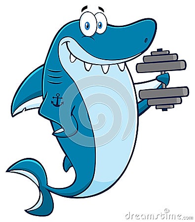 Smiling Blue Shark Cartoon Mascot Character Training With Dumbbells. Vector Illustration