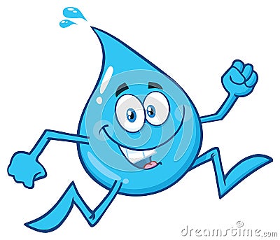 Smiling Blue Water Drop Cartoon Mascot Character Running Vector Illustration