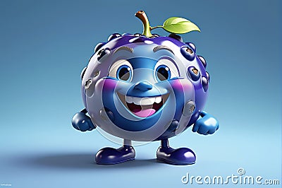Smiling Blueberry Character in 3D Render - Vibrant Blue Hue, Cheerful Expression, Positioned in the Center Stock Photo