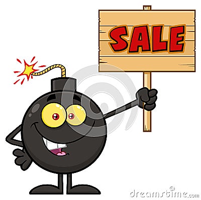 Smiling Bomb Cartoon Mascot Character Holding A Wooden Sale Sign Vector Illustration