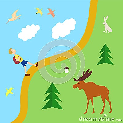 Boy walks through Forest. Elk, hare and birds. Vector color image. Vector Illustration