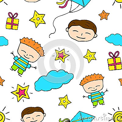 Smiling boy doodle seamless pattern. Boy birthday Stock Photo