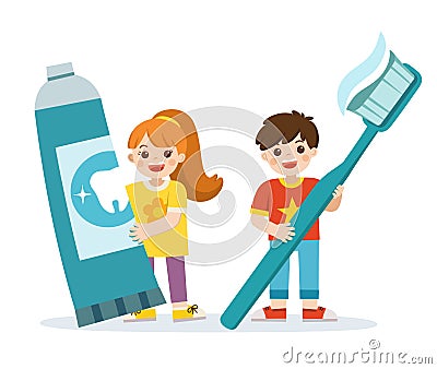 Smiling boy and girl standing, holding toothbrush and toothpaste. Vector Illustration