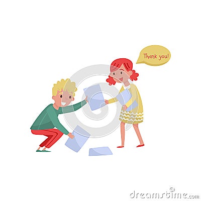 Smiling boy helping girl to picking up paper from the floor. Kids with good manners. Flat vector design Vector Illustration