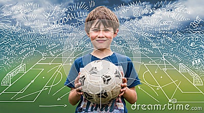 Smiling boy holding soccer ball with soccer tactic scheme on background Stock Photo