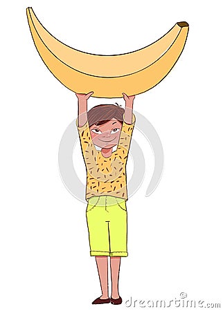 Smiling boy holds a banana. Children love fruit Cartoon Illustration