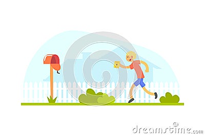 Smiling Boy with Letter Running to Mailbox Vector Illustration Vector Illustration