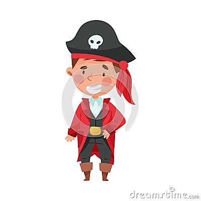 Smiling Boy in Pirate Costume Wearing Hat with Skull Vector Illustration Vector Illustration