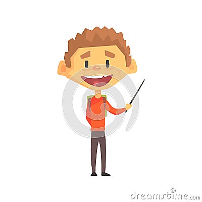 Smiling Boy With Pointer, Primary School Kid, Elementary Class Member, Isolated Young Student Character Vector Illustration