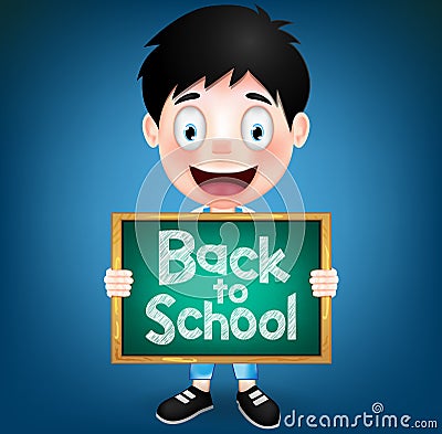 Smiling Boy Student Character Holding Green Chalkboard Vector Illustration