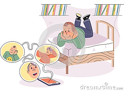 Smiling boy with tablet Pc watching movies or studying online. Child using gadget lying on bed Vector Illustration