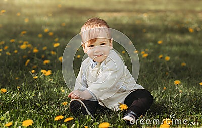 Smiling boy Todler plays on grass in summer park Stock Photo