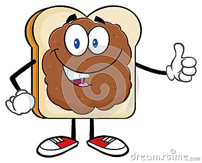 Smiling Bread Slice Character With Peanut Butter Giving A Thumb Up Vector Illustration