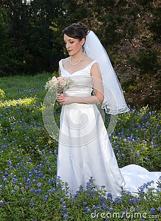 Smiling bride in bluebonnet field Stock Photo