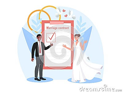 Smiling bride and groom are signing marriage contract together Vector Illustration