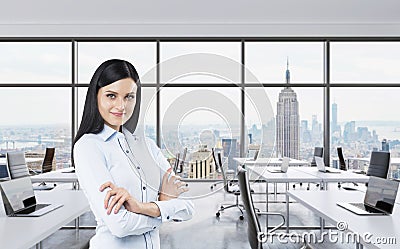 Smiling brunette business lady with cross hands is standing in a modern panoramic office in New York City. Manhattan panoramic vie Stock Photo