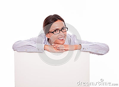 Smiling brunette businesswoman with copy space Stock Photo