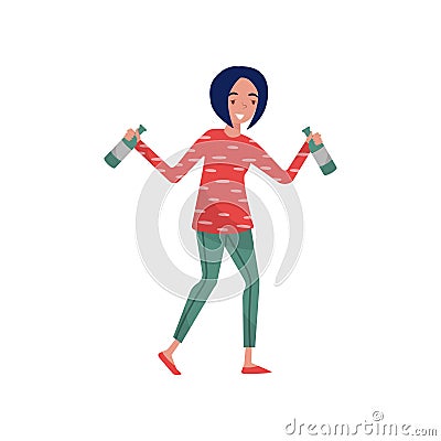 Smiling brunette drunk young woman cartoon character, girl walking with bottles of alcoholic drink in her hands vector Vector Illustration