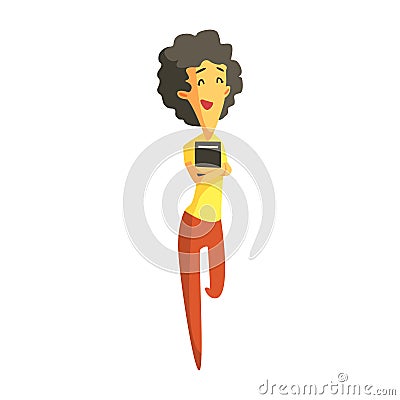 Smiling brunette girl standing and holding a book in her hands. Colorful cartoon character Vector Illustration