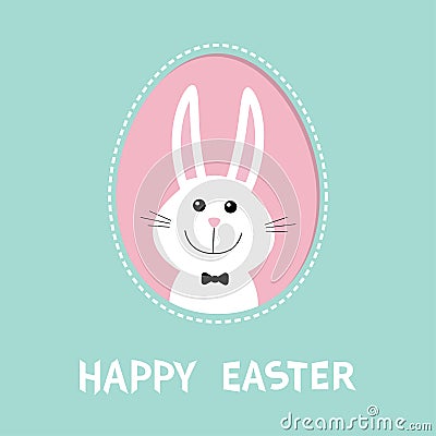 Smiling bunny rabbit hare inside painted egg frame window. Bow tie accessory. Happy Easter. Dash line contour. Cute cartoon charac Vector Illustration