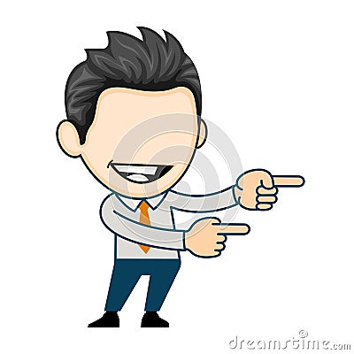 Smiling business man points right in cartoon vector style Vector Illustration