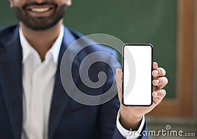 Business man showing white mock up phone screen. Mockup cellphone template. Stock Photo